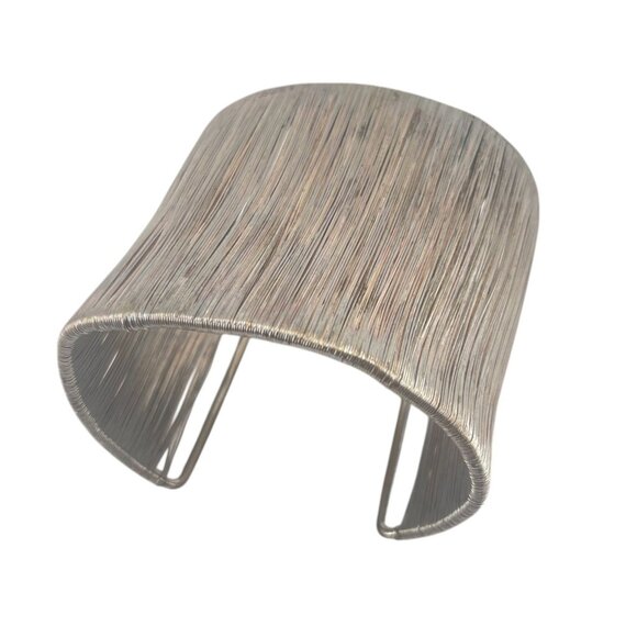 Hollywood Sensation Silver Wire 1980s Cage Cuff Bangle BraceletWide Textured Sil - Picture 6 of 8